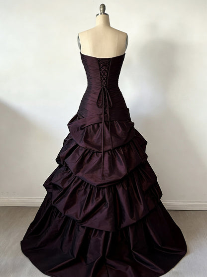 A-Line Sweetheart Ruched Bodice Ruffles Maroon Long Prom Dress