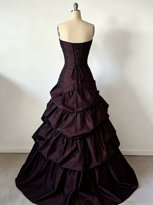 A-Line Sweetheart Ruched Bodice Ruffles Maroon Long Prom Dress