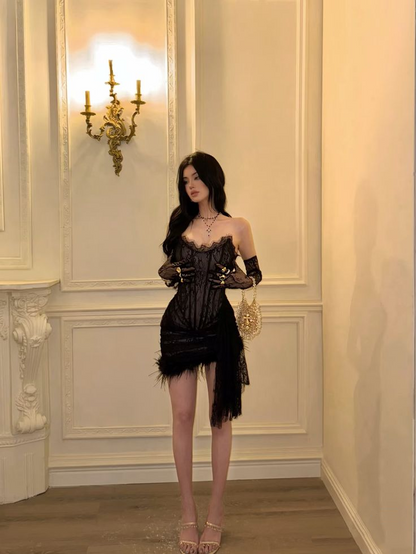 Black Lace Sheath Birthday Dress Short Prom Dresses with Sleeves