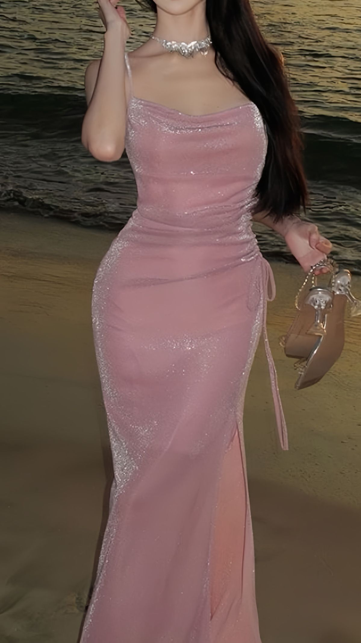 Glitter Pink Bodycon Party Dress Long Prom Dress With Side Slit
