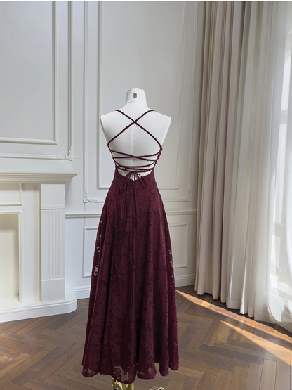 Wine Red Lace Cross Back Prom Dresses Burgundy Dress Outfit Wedding