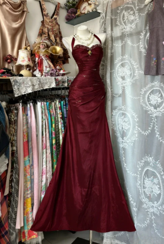 Vintage Halter Mermaid Long Prom Dresses Beaded Satin Blue Evening Dress Birthday Gown