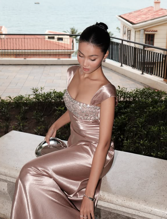 Casual Straps Beaded Satin Long Prom Outfit Formal Dress Woman Elegant