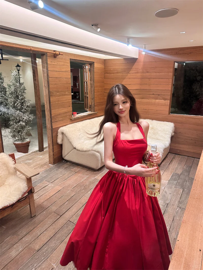 Halter A Line Satin Long Prom Dress Red Midi Evening Dresses Birthday Dress