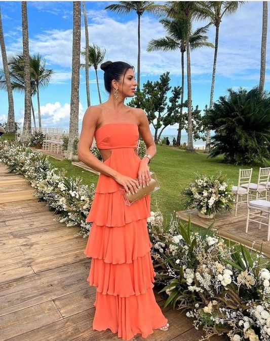 Modest Strapless Tiered Long Prom Dresses,Formal Dress Outfits