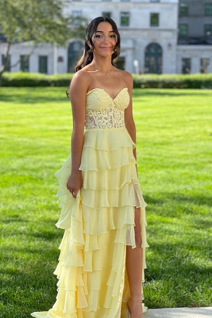 Elegant Ruffle Long Prom Dresses A Line High Slit Dress Outfit