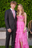 Elegant Lace and Chiffon Ruffle Long Prom Dress A Line