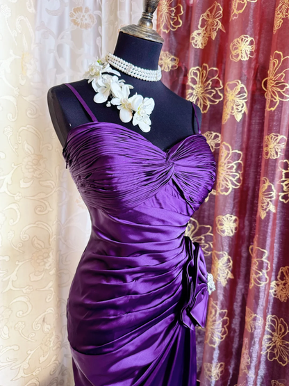 Sexy Spaghetti Straps Satin Pleated Slit Long Prom Dress Purple Mermaid Evening Gown