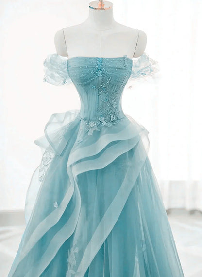 Luxury Strapless Tulle Birthday Dress A-line Long Prom Dresses