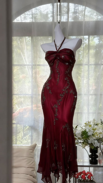 Vintage Green Mermaid Formal Evening Gown Halter Beaded Prom Dresses