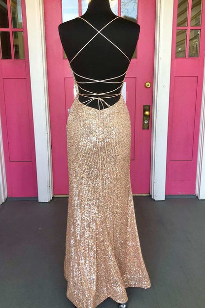 Tight Rose Gold Sequin Long Formal Dress Open Back