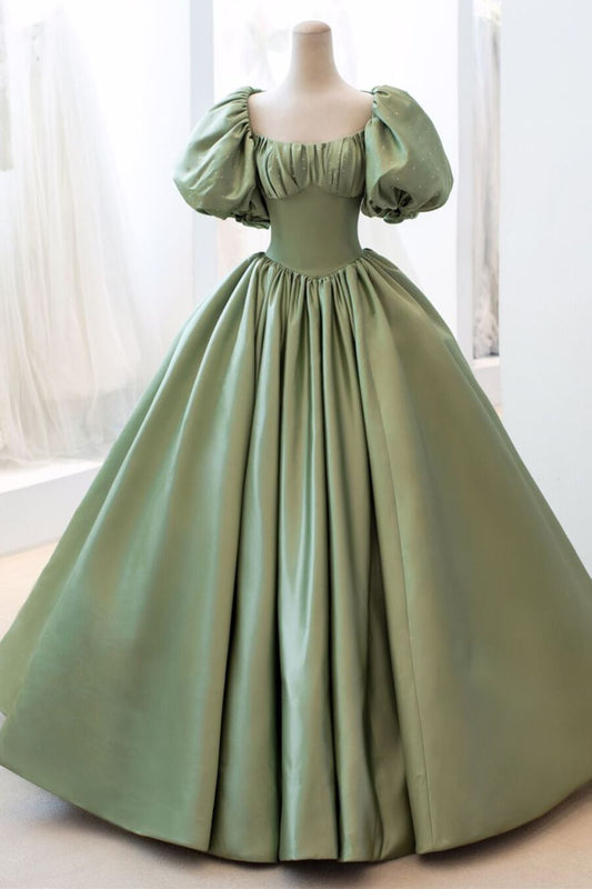 Sage Green Satin Prom Dress with Short Bell Sleeves