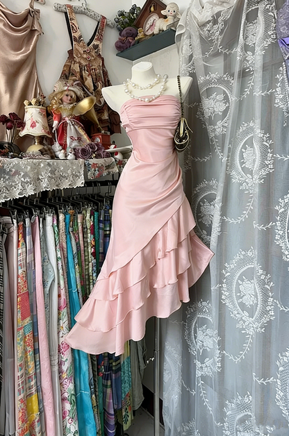Champagne Strapless Satin Asymmetrical Maxi Ball Gown