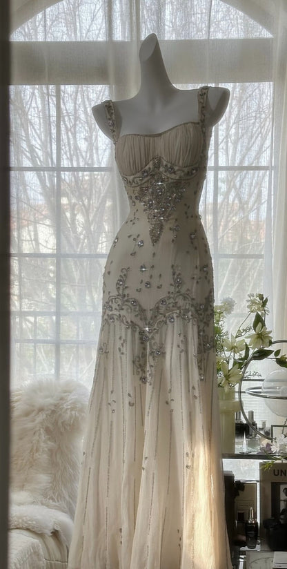 Luxury Straps Beaded Chiffon Long Prom Dress Open Back Formal Dresses