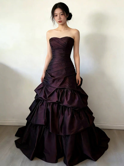 A-Line Sweetheart Ruched Bodice Ruffles Maroon Long Prom Dress