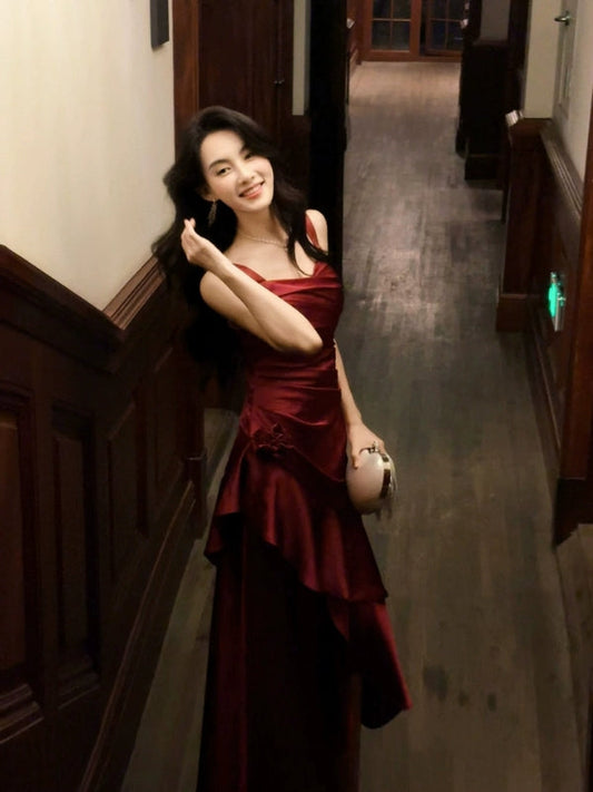 Elegant Burgundy Wedding Guest Outfit Ruffle Party Dresses Long