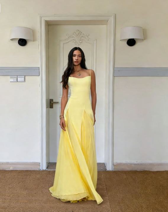 Yellow Simple A Line Woman Party Dresses Spaghetti Straps Chiffon Prom Outfits