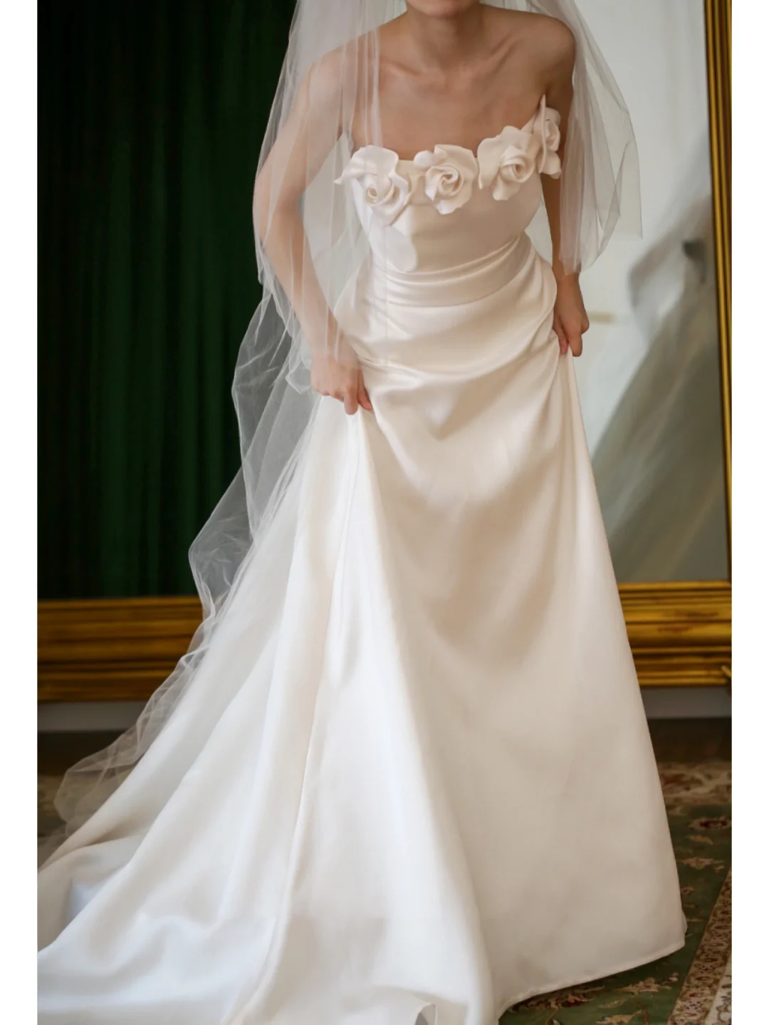 Beautiful A Line Strapless White Satin Wedding Dress Long