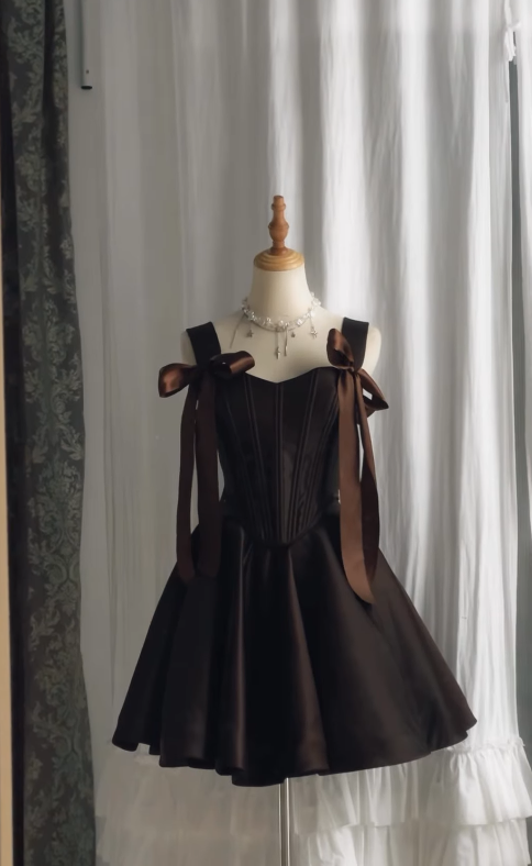 Brown A Line Short Homecoming Dress Straps Satin Cocktail Dresses