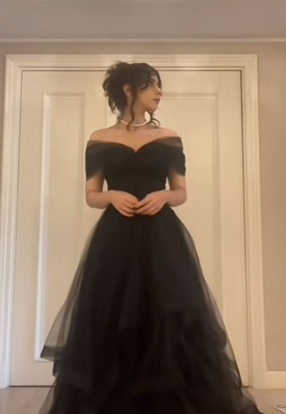 Black Off The Shoulder Tulle Long Prom Dress,Formal Graduation