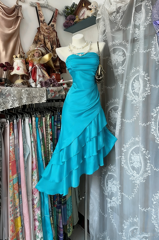 Champagne Strapless Satin Asymmetrical Maxi Ball Gown