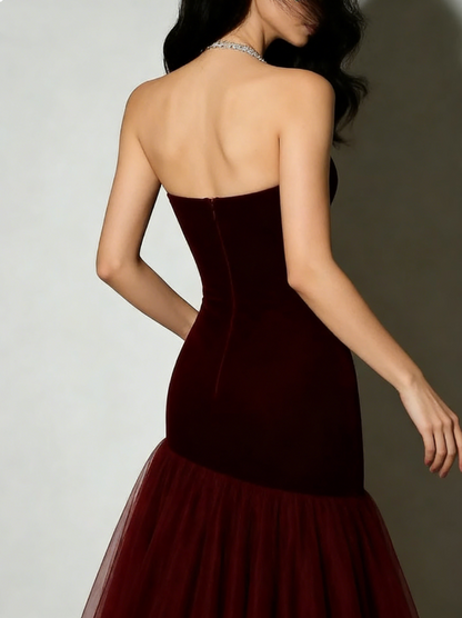 Vintage Mermaid Strapless Burgundy Tulle Long Prom Dresses 20th Birthday Outfits Evening Gown