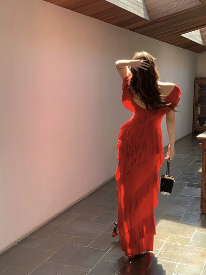 Elegant Red Prom Dress Aesthetic Ruffled Wedding Guest Dresses – jkprom