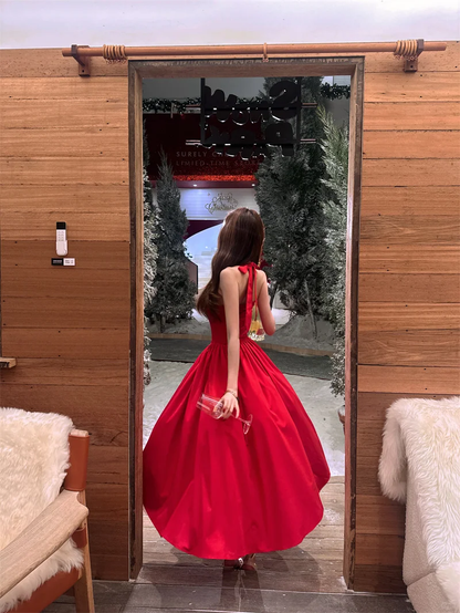 Halter A Line Satin Long Prom Dress Red Midi Evening Dresses Birthday Dress