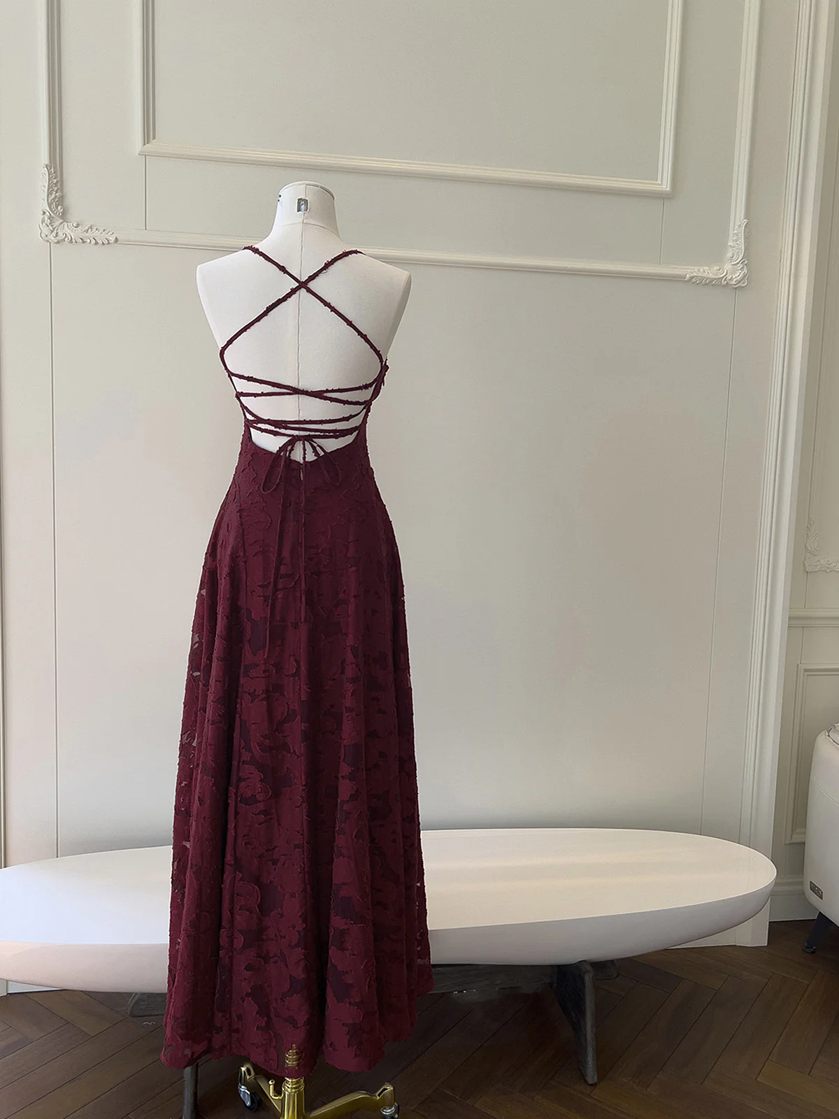Wine Red Lace Cross Back Prom Dresses Burgundy Dress Outfit Wedding