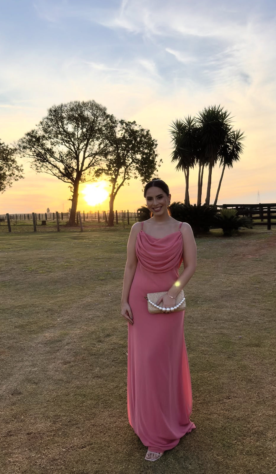 Pink Chiffon Wedding Guest Dress Spaghetti Straps Draped Neckline Maxi Dresses