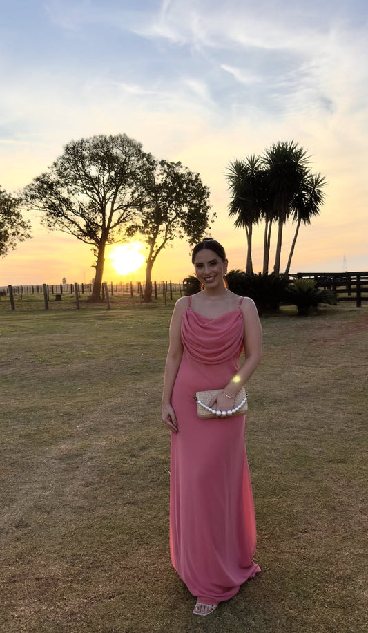 Pink Chiffon Wedding Guest Dress Spaghetti Straps Draped Neckline Maxi Dresses