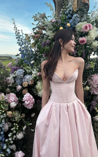 Pink Strapless A Line Long Prom Dresses Elegant Evening Dress Brithday Outfits