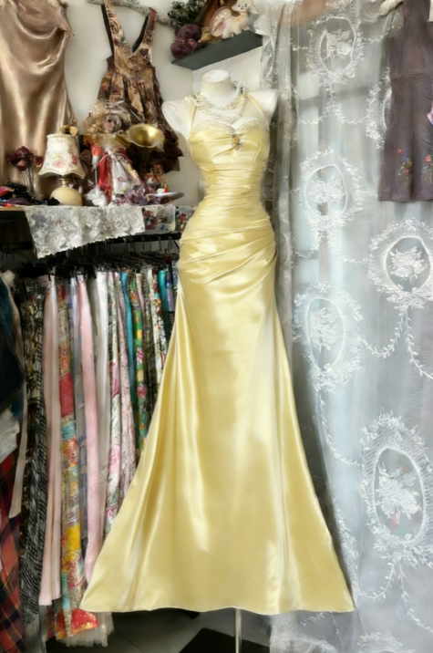 Vintage Halter Mermaid Long Prom Dresses Beaded Satin Blue Evening Dress Birthday Gown