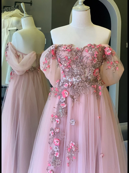 Stunning Off The Shoulder Intricate 3D Foral Appliques Long Prom Dress Fairy Evening Dresses