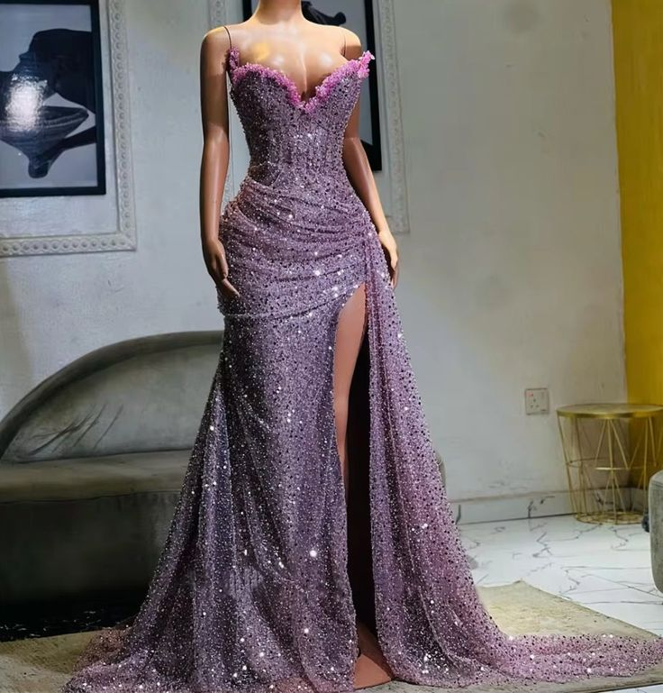 Purple High Split Evening Dresses Sequin Mermaid Prom Dress Long