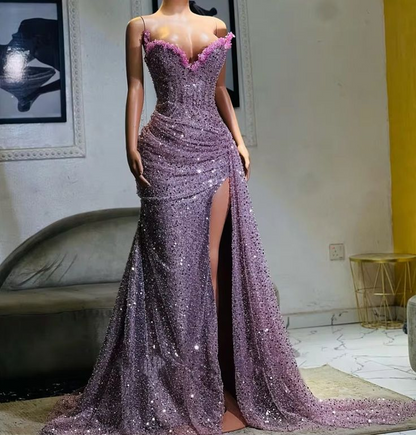 Purple High Split Evening Dresses Sequin Mermaid Prom Dress Long