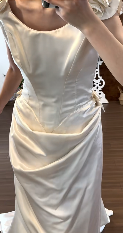 Romantic Satin Wedding Dress A Line Draped Bridal Gowns Long