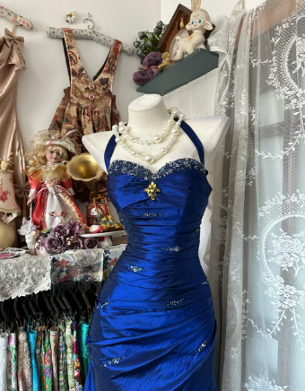 Vintage Halter Mermaid Long Prom Dresses Beaded Satin Blue Evening Dress Birthday Gown