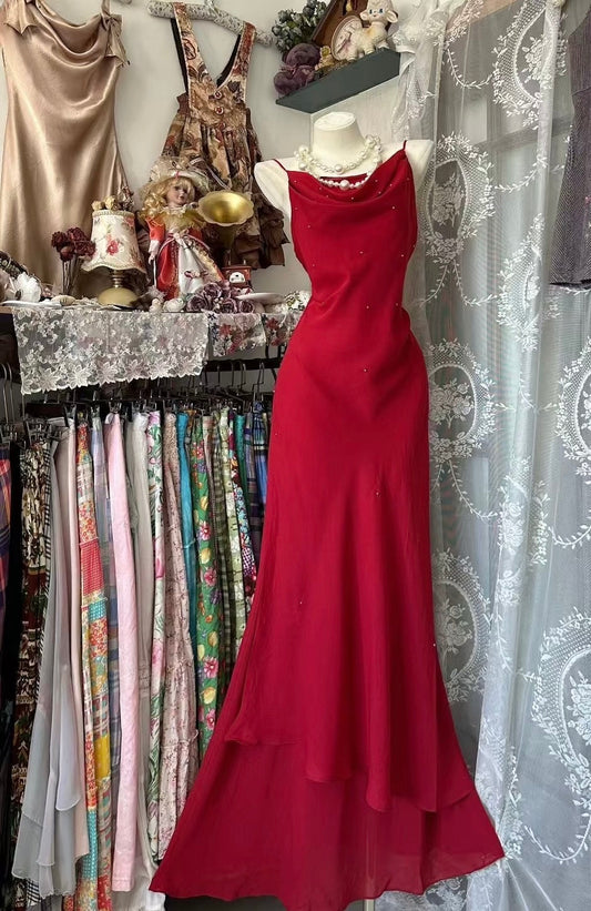Spaghetti Straps Red Long Prom Dress Formal Evening Party Gown