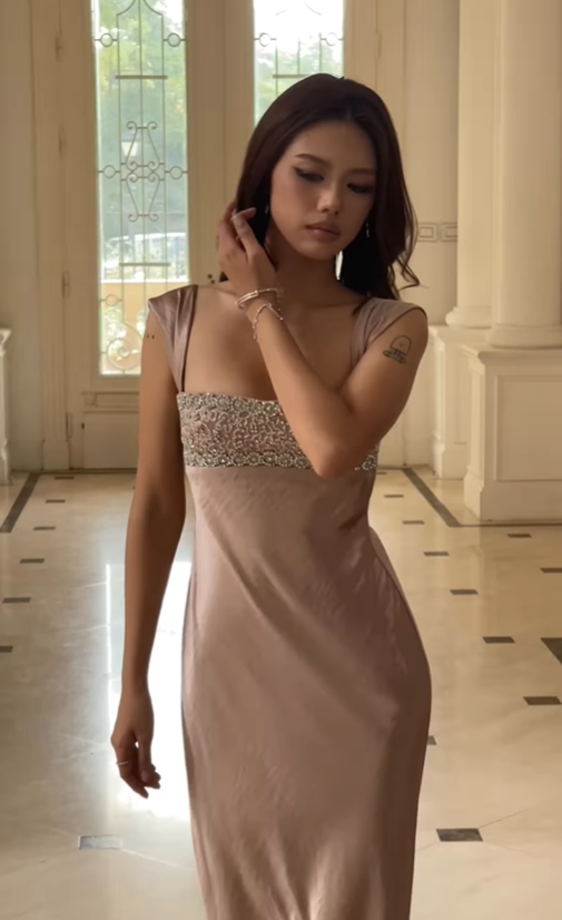 Casual Straps Beaded Satin Long Prom Outfit Formal Dress Woman Elegant