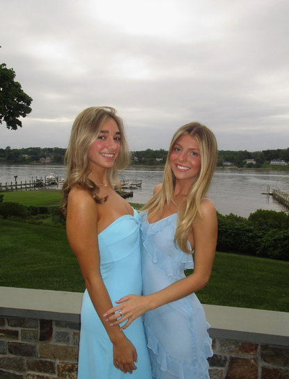 Fancy Sheath Ruffle Baby Blue Satin Prom Dress Evening Dresses