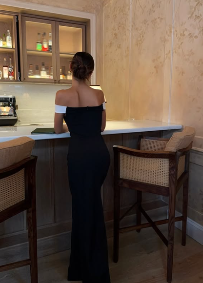 Classic Sheath Formal Occasion Dress Off the Shoulder Black-White Satin Prom Dresses