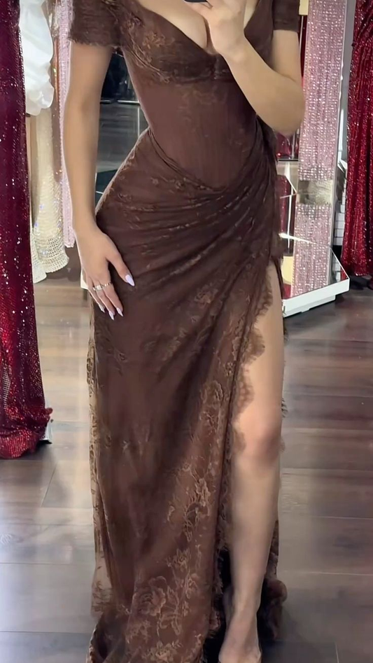 V Neck Chocolate Brown Lace Sheath Long Party Dress High Slit Prom Dresses