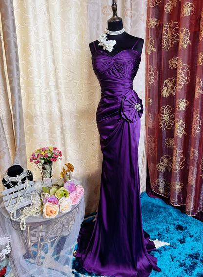 Sexy Spaghetti Straps Satin Pleated Slit Long Prom Dress Purple Mermaid Evening Gown