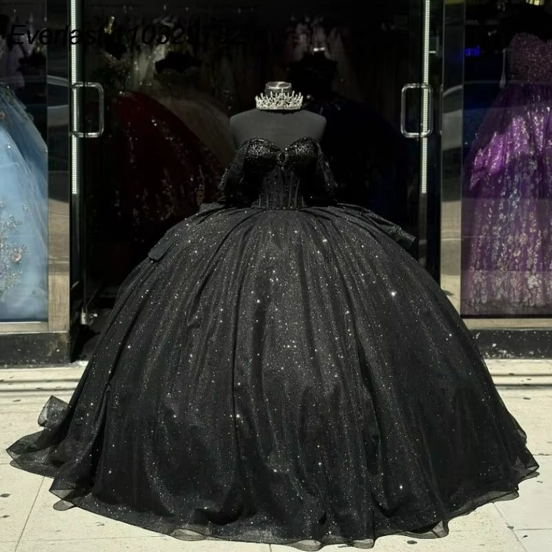 Ball Gown Shiny Black Quinceanera Dress Beaded Birthday Gowns