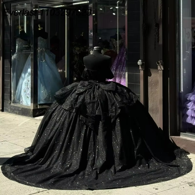 Ball Gown Shiny Black Quinceanera Dress Beaded Birthday Gowns