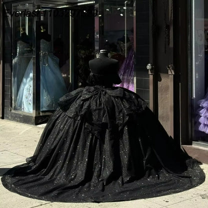 Ball Gown Shiny Black Quinceanera Dress Beaded Birthday Gowns