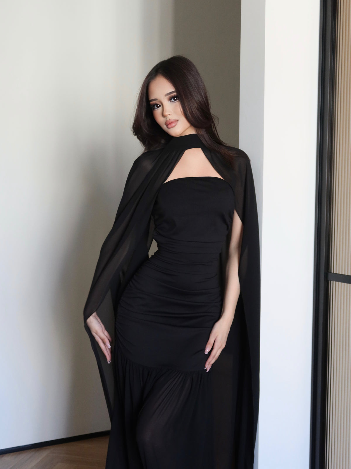 Black Chiffon Maxi Gown Floor Length Sheer Flowing Cape