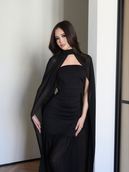 Black Chiffon Maxi Gown Floor Length Sheer Flowing Cape