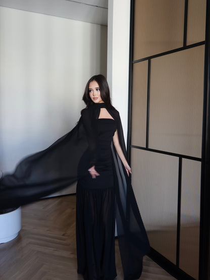 Black Chiffon Maxi Gown Floor Length Sheer Flowing Cape